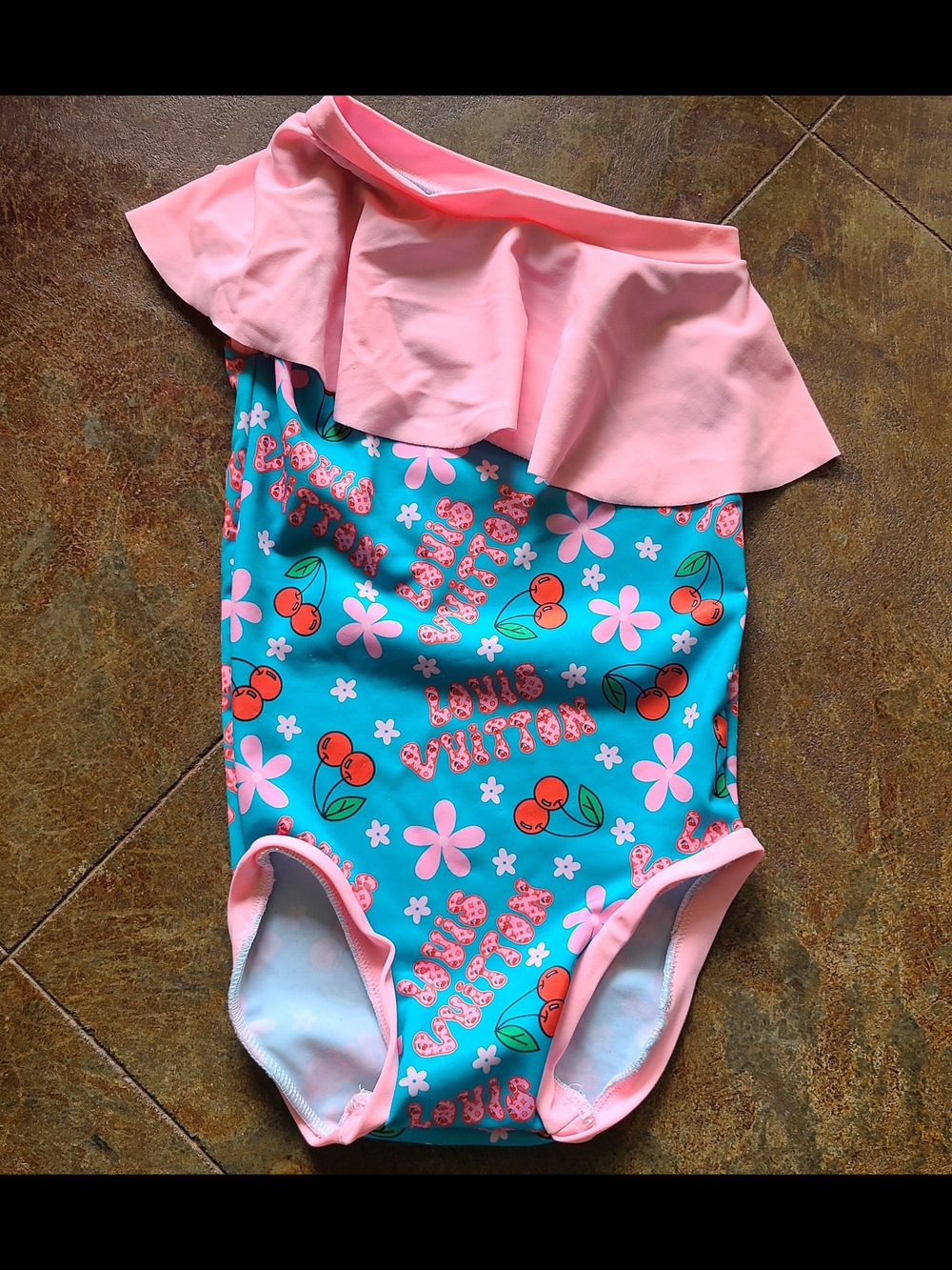 Kids Pink & Turquoise Cherry Print One-Piece Swimsuit